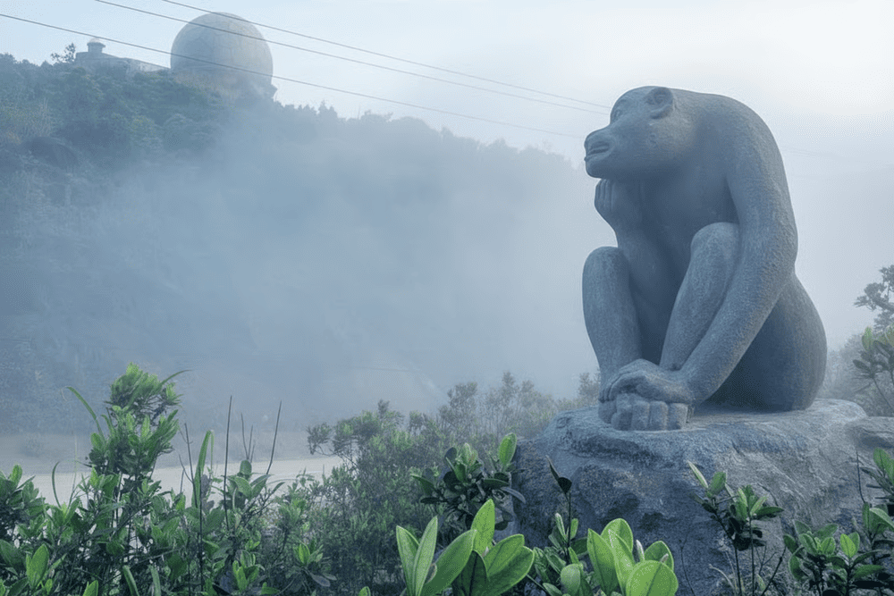 Monkey statues in different colors line the path up Monkey Mountain, creating unique photo spots for visitors